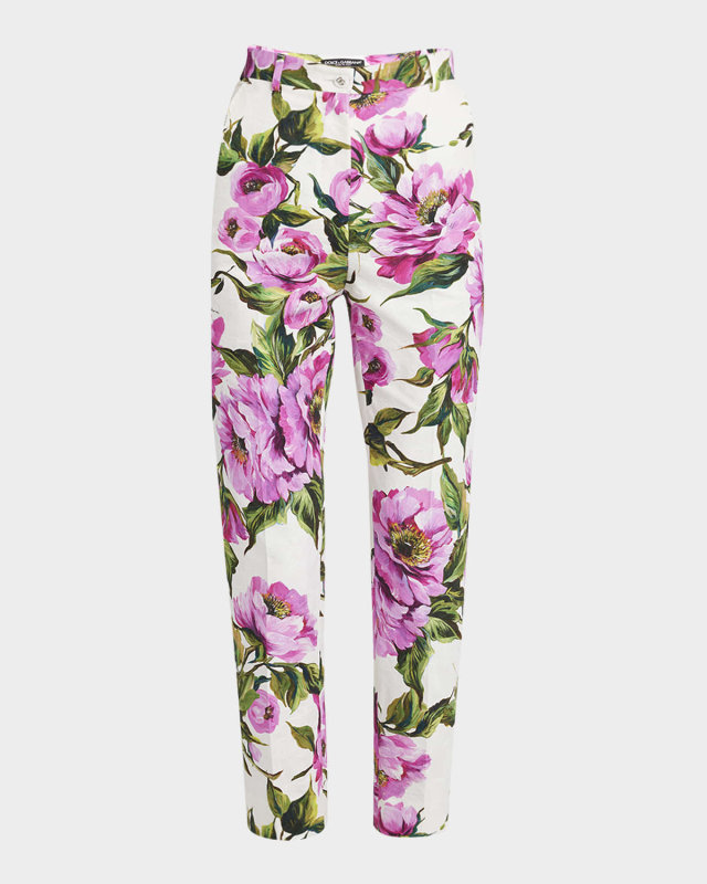 Peony Print Straight-Leg Ankle Pants